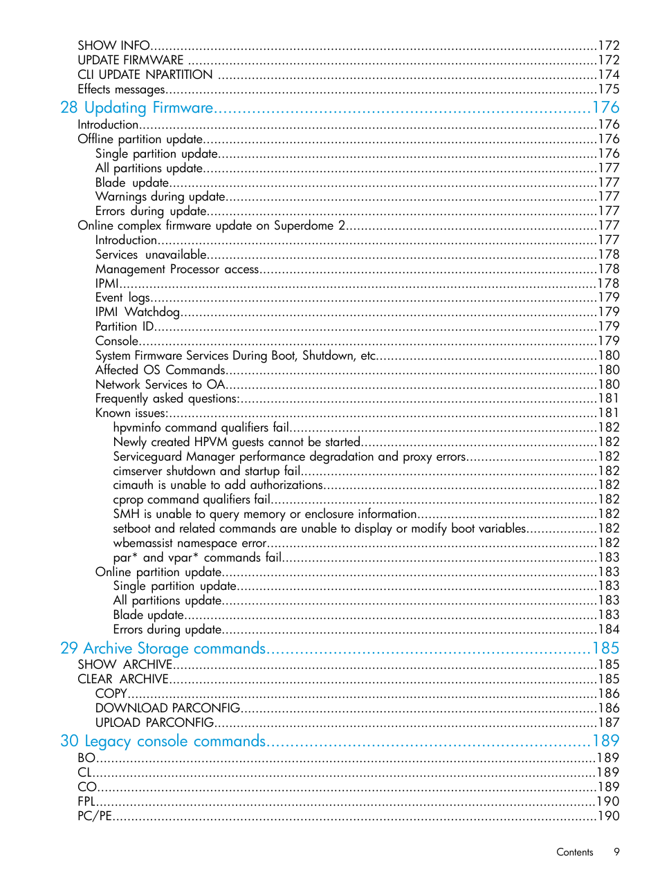 28 updating firmware, 29 archive storage commands, 30 legacy console commands | HP Integrity Superdome 2 Server User Manual | Page 9 / 217