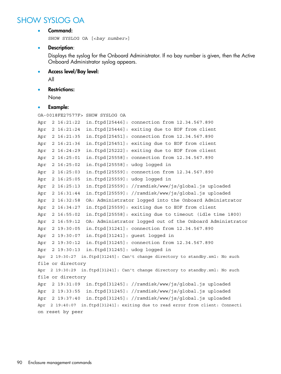 Show syslog oa | HP Integrity Superdome 2 Server User Manual | Page 90 / 217