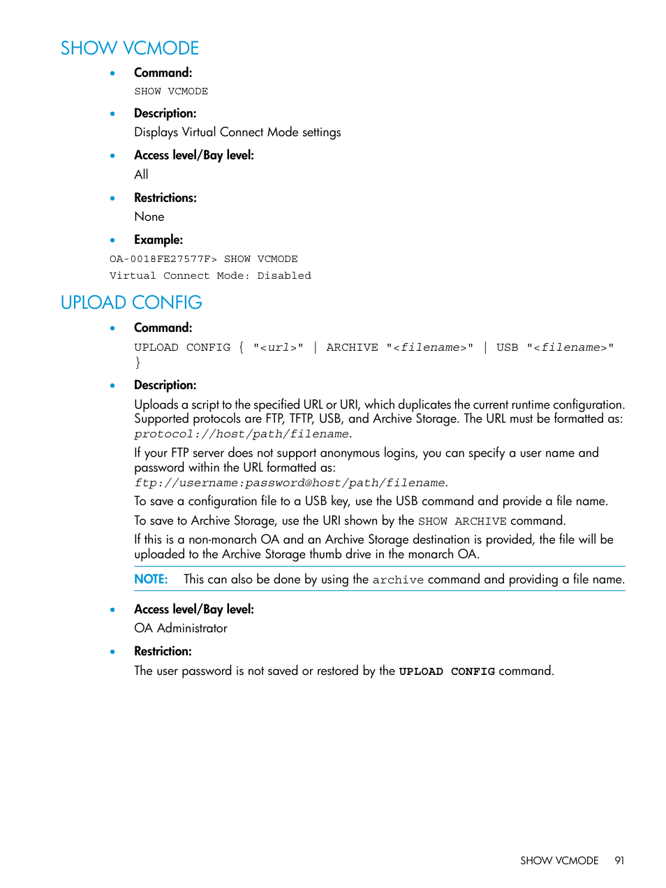 Show vcmode, Upload config, Show vcmode upload config | HP Integrity Superdome 2 Server User Manual | Page 91 / 217