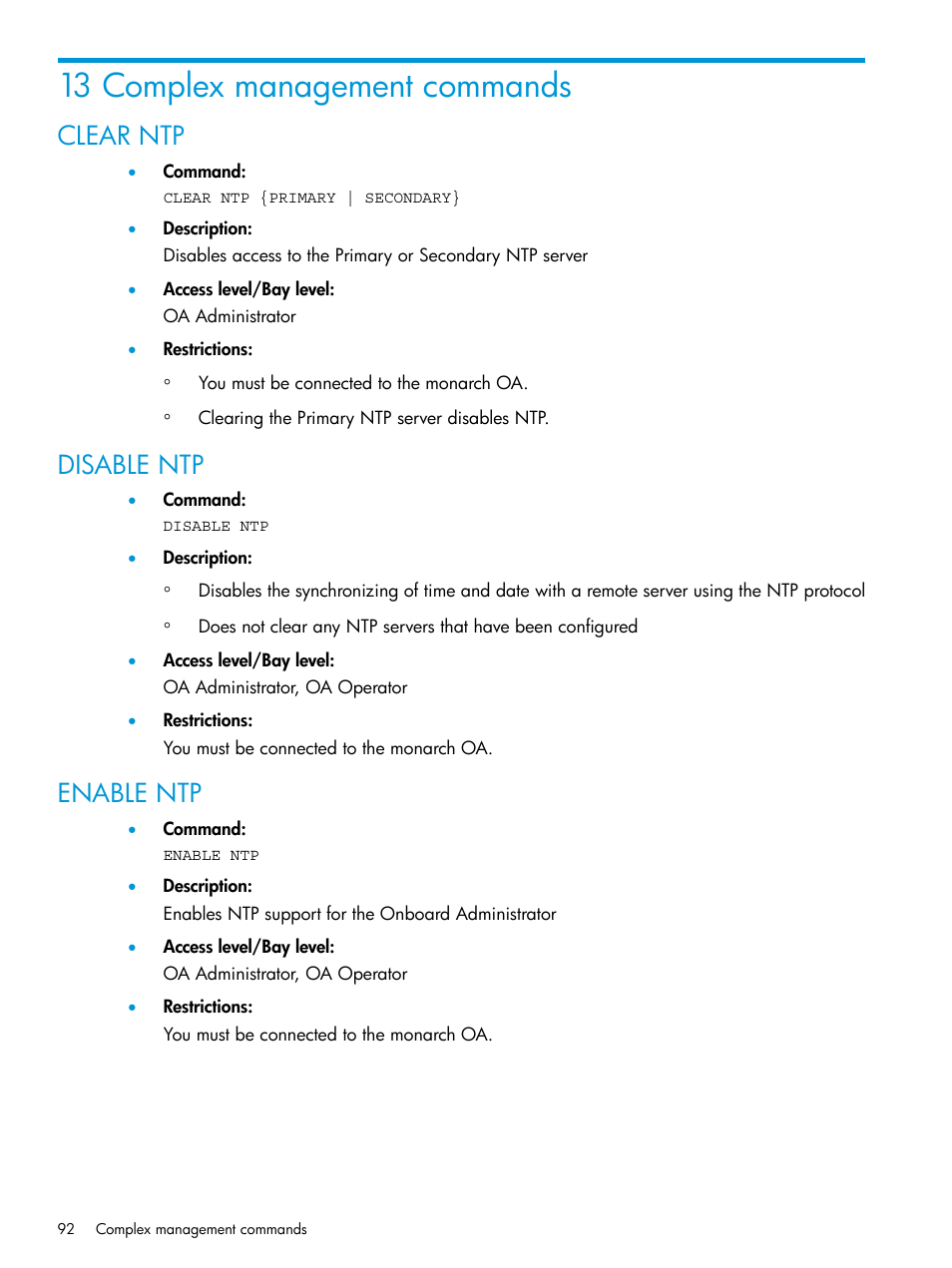 13 complex management commands, Clear ntp, Disable ntp | Enable ntp, Clear ntp disable ntp enable ntp | HP Integrity Superdome 2 Server User Manual | Page 92 / 217