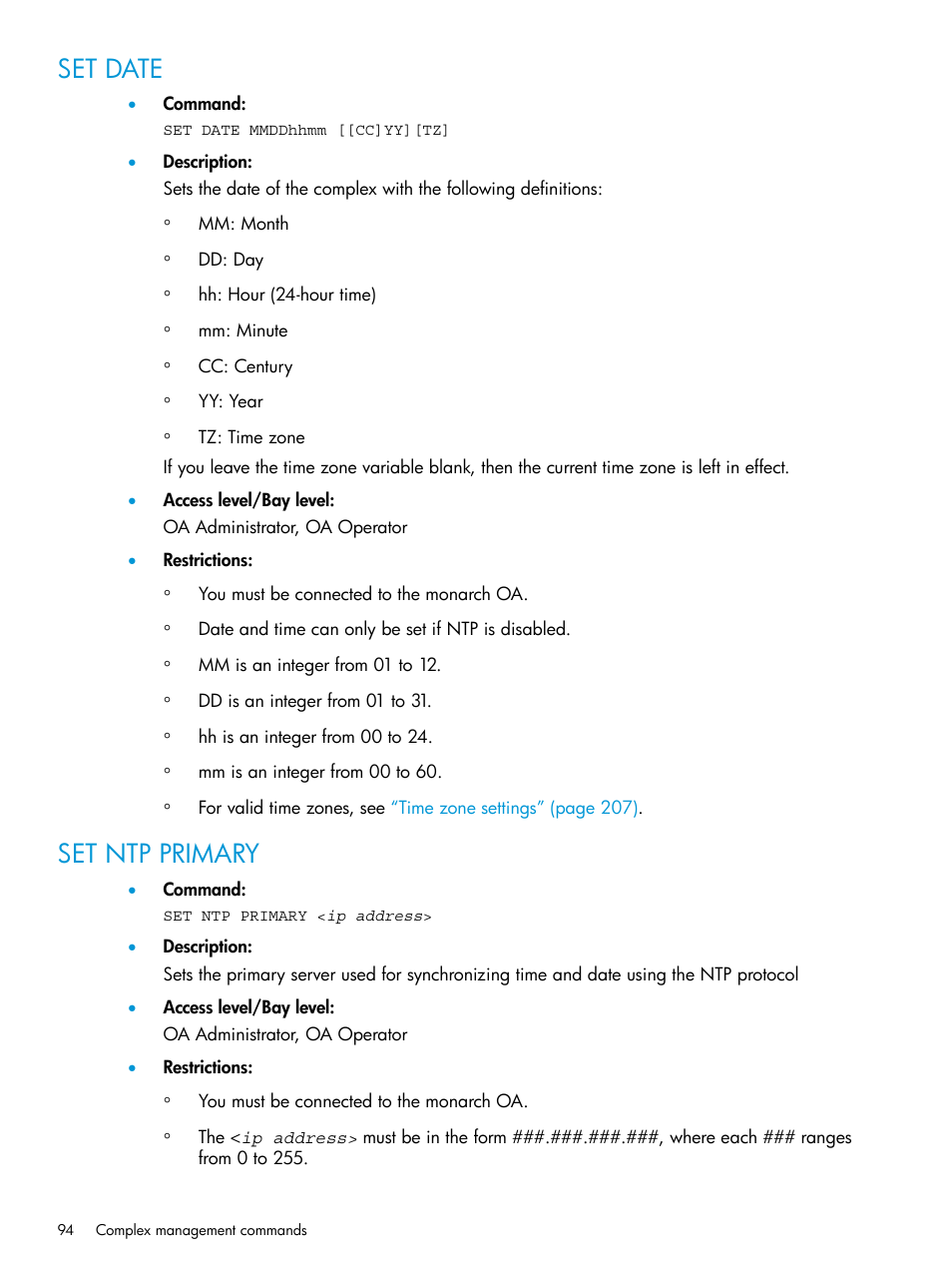 Set date, Set ntp primary, Set date set ntp primary | HP Integrity Superdome 2 Server User Manual | Page 94 / 217