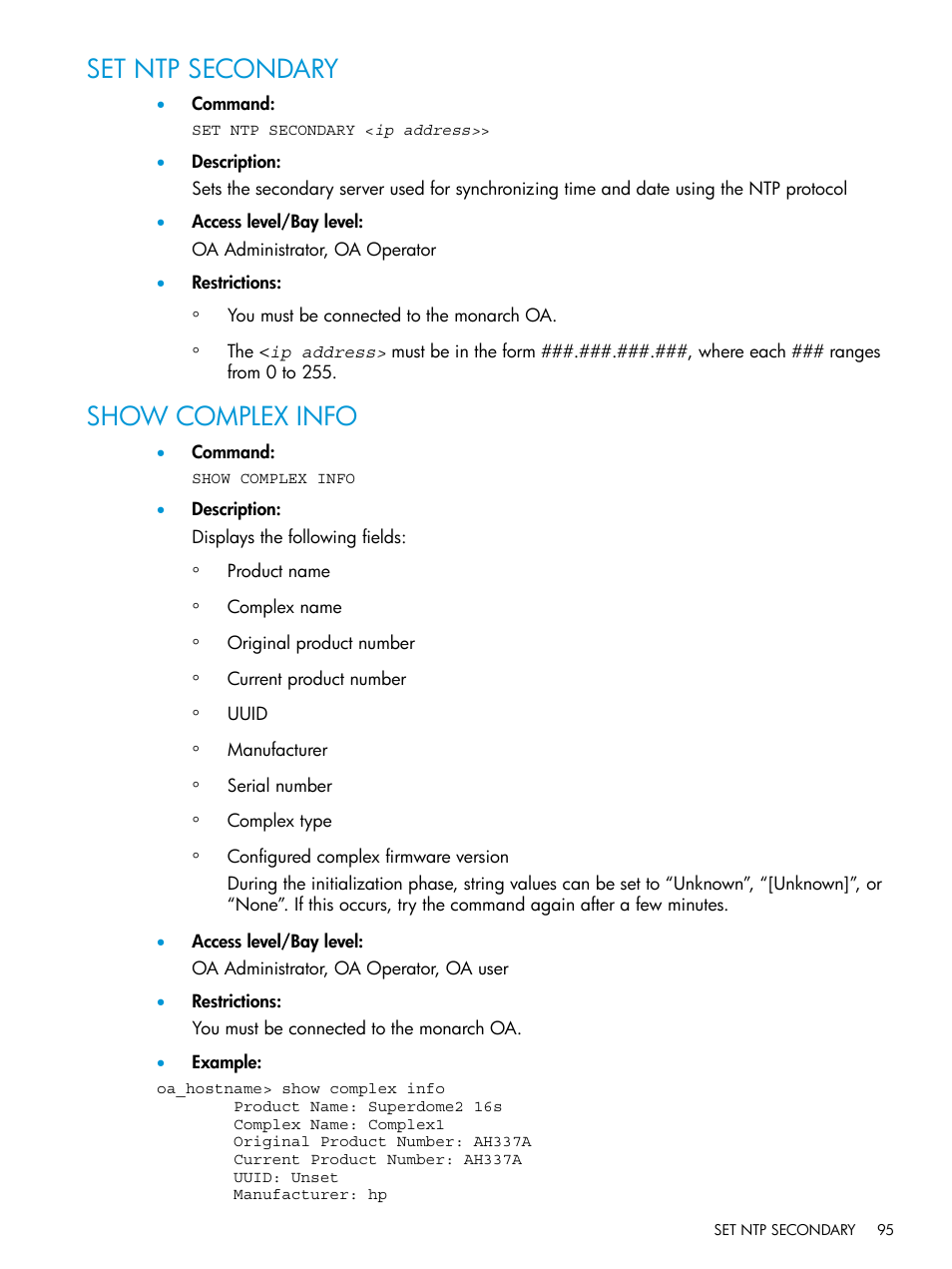 Set ntp secondary, Show complex info, Set ntp secondary show complex info | HP Integrity Superdome 2 Server User Manual | Page 95 / 217