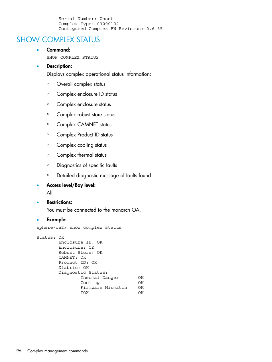 Show complex status | HP Integrity Superdome 2 Server User Manual | Page 96 / 217