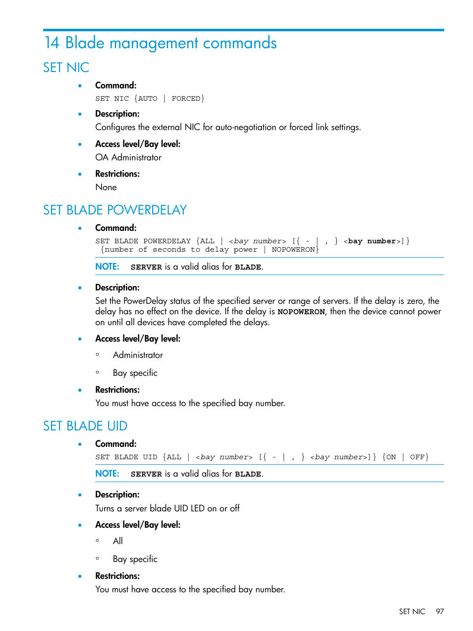 14 blade management commands, Set nic, Set blade powerdelay | Set blade uid, Set nic set blade powerdelay set blade uid | HP Integrity Superdome 2 Server User Manual | Page 97 / 217