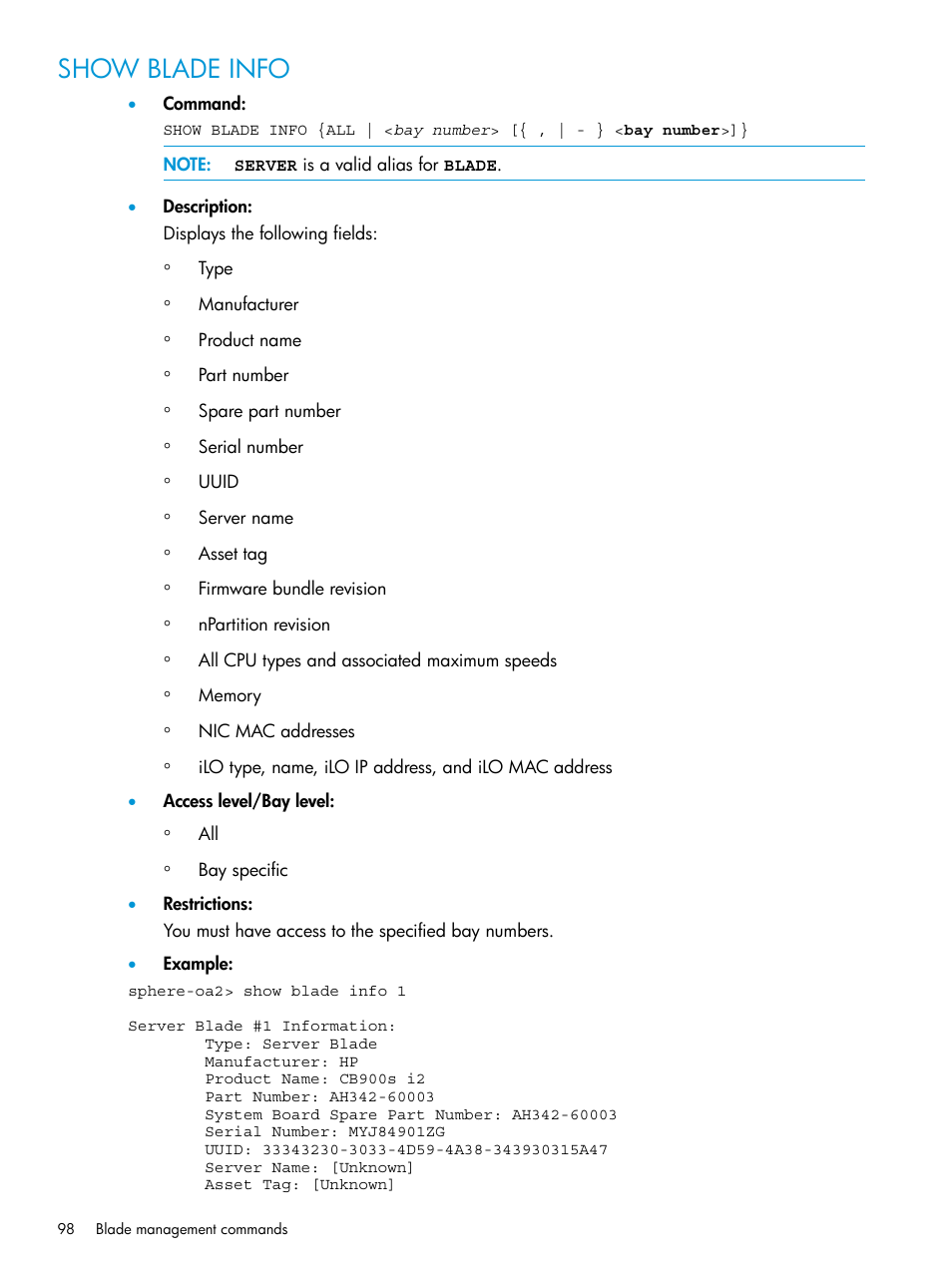 Show blade info | HP Integrity Superdome 2 Server User Manual | Page 98 / 217