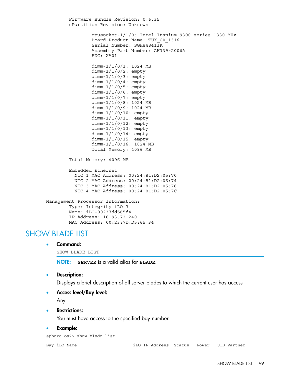 Show blade list | HP Integrity Superdome 2 Server User Manual | Page 99 / 217