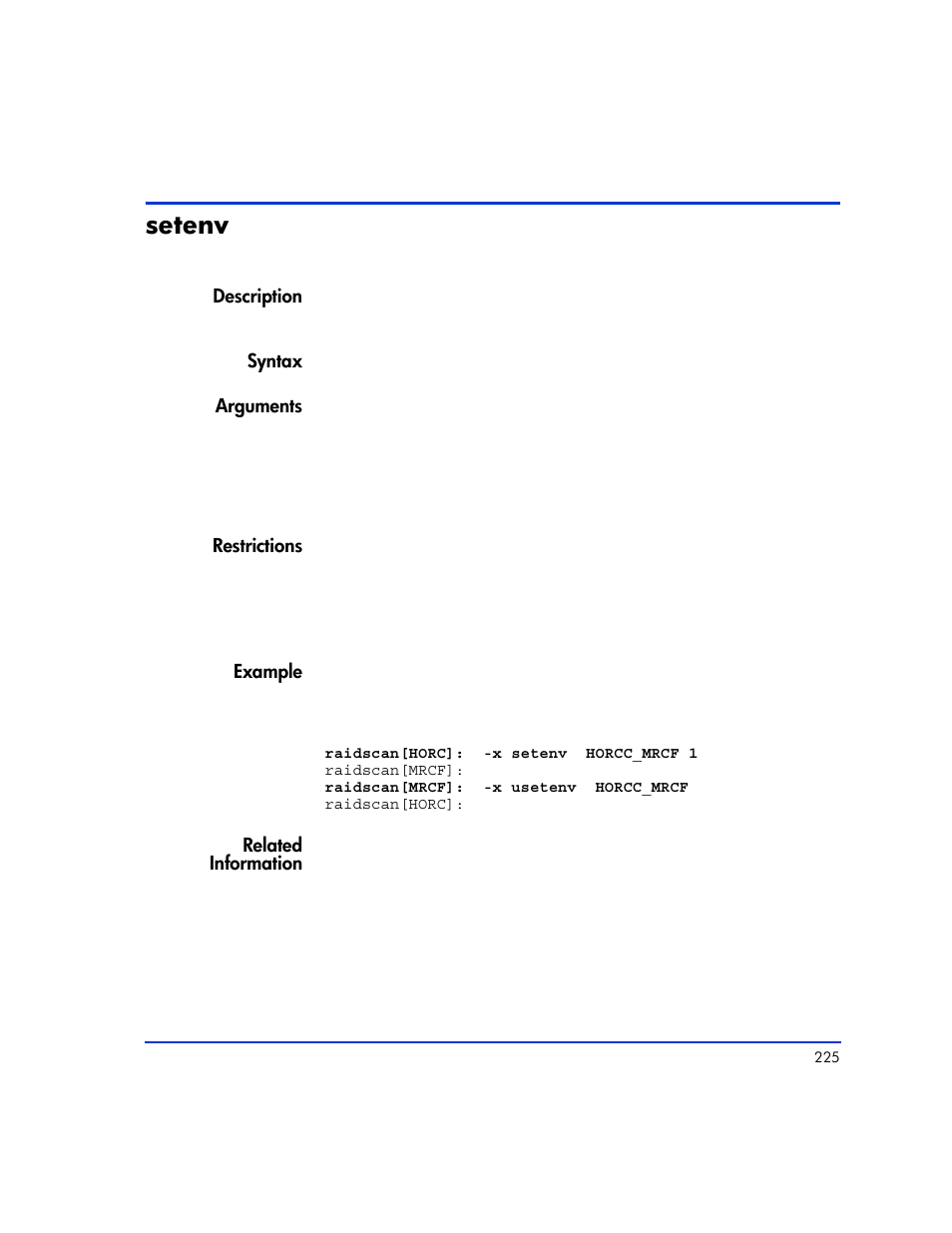 Setenv, Setenv 225 | HP XP Continuous Access Software User Manual | Page 225 / 412