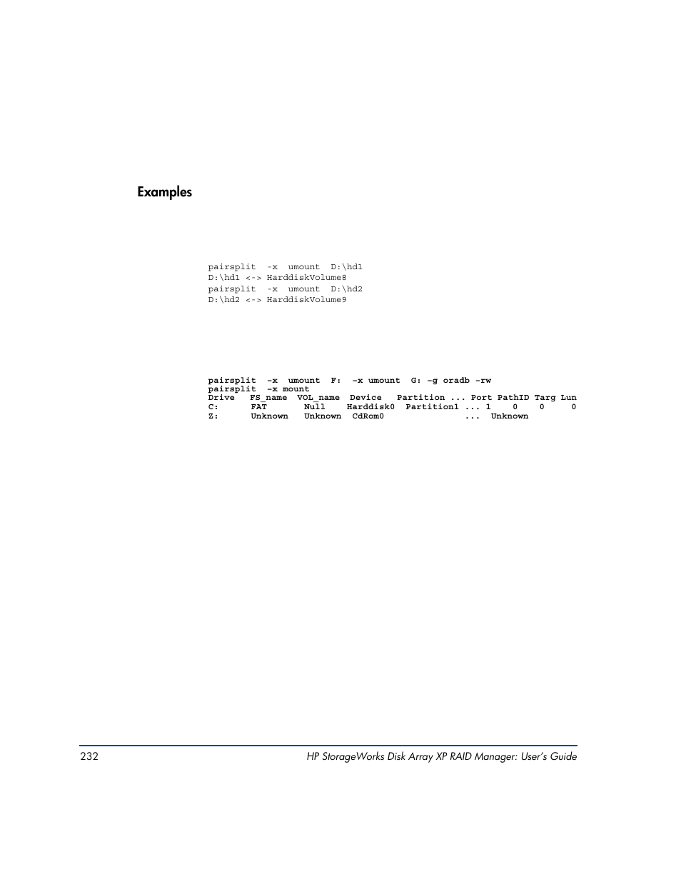 Examples | HP XP Continuous Access Software User Manual | Page 232 / 412