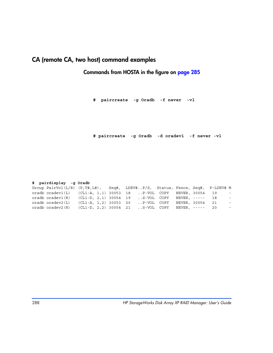 Ca (remote ca, two host) command examples, Ca (remote ca, two host) command examples 288 | HP XP Continuous Access Software User Manual | Page 288 / 412