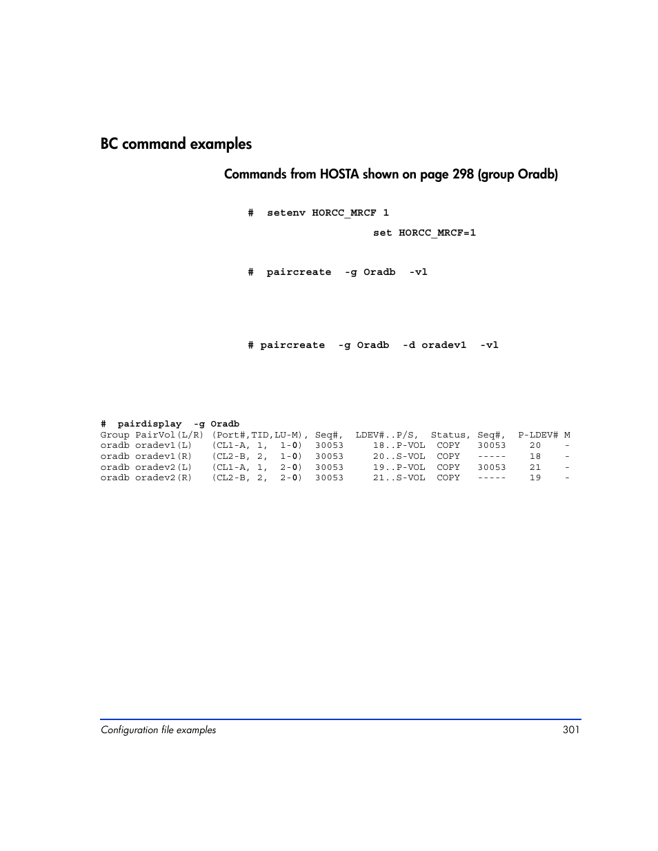 Bc command examples, Bc command examples 301 | HP XP Continuous Access Software User Manual | Page 301 / 412