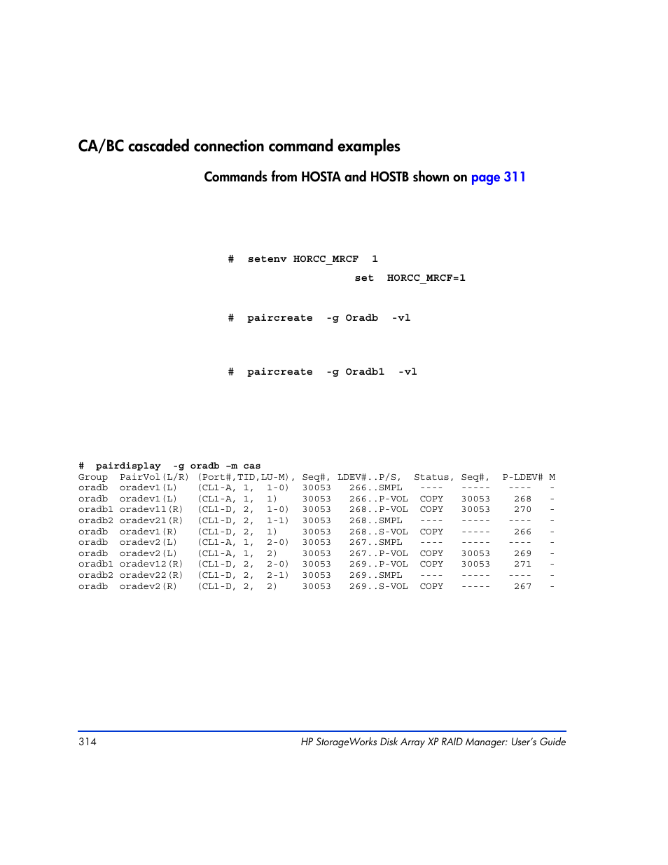 Ca/bc cascaded connection command examples, Ca/bc cascaded connection command examples 314 | HP XP Continuous Access Software User Manual | Page 314 / 412