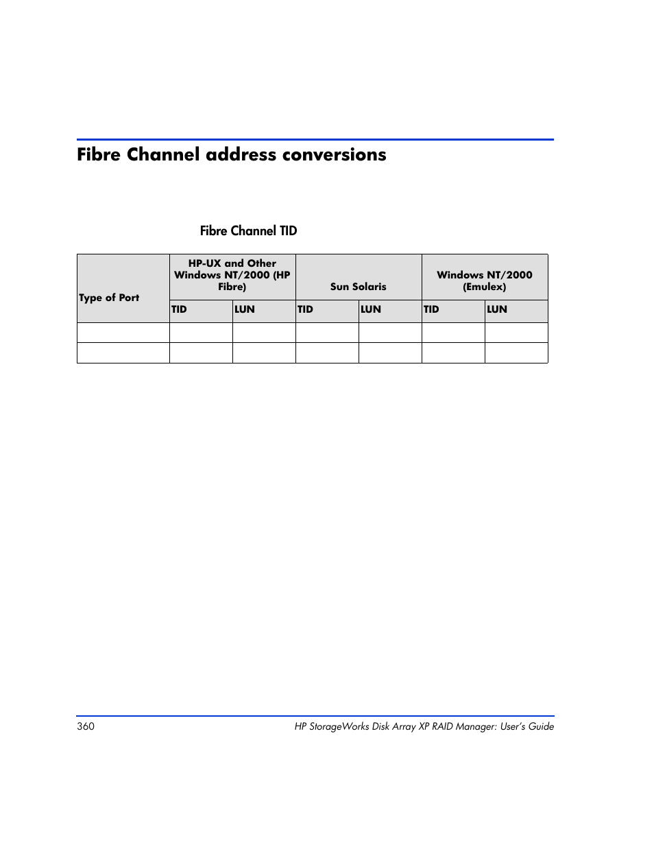 Fibre channel address conversions, Fibre channel address conversions 360, Fibre channel address | Conversions, Ee appendix | HP XP Continuous Access Software User Manual | Page 360 / 412