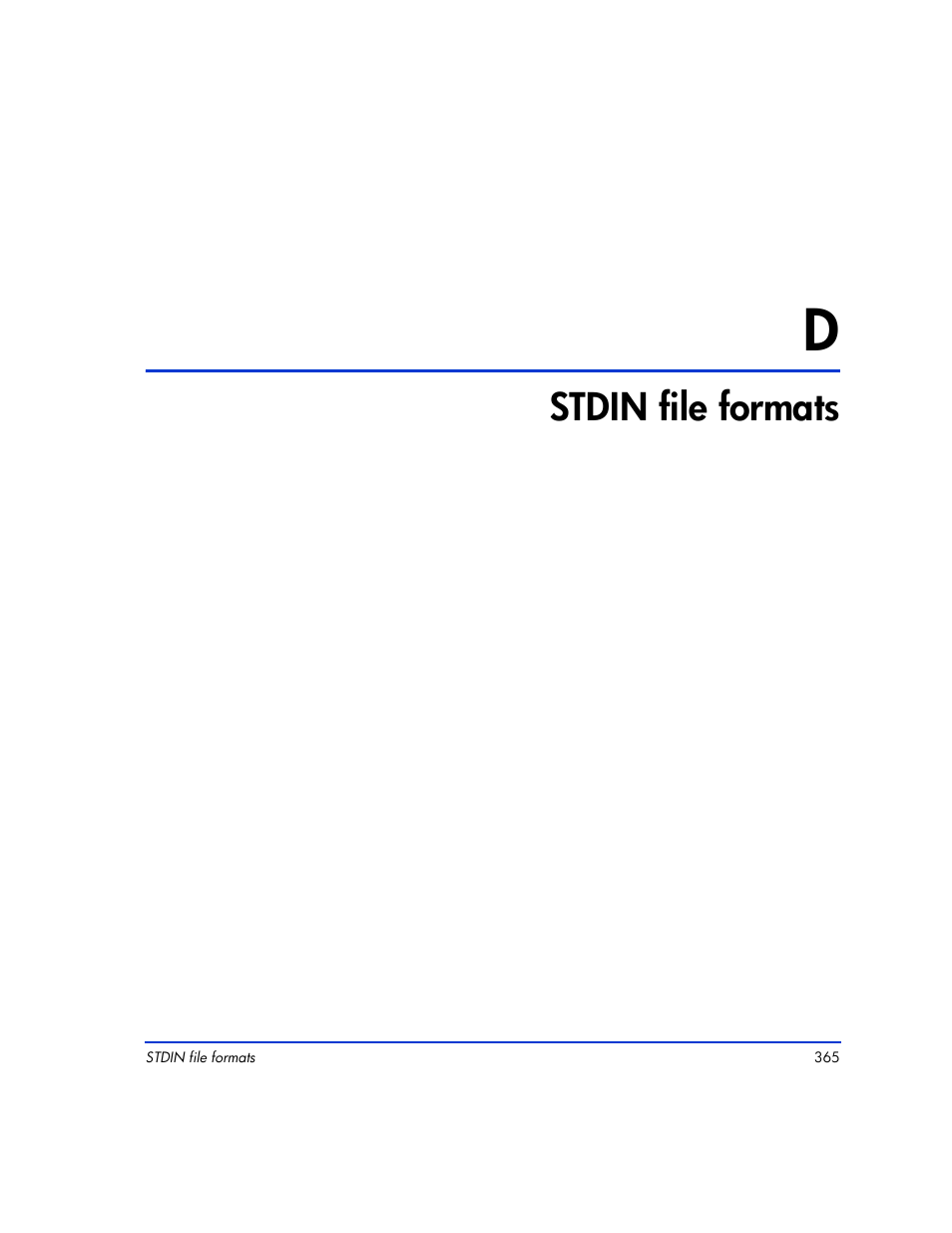 D stdin file formats, Stdin file formats 365, Stdin | File formats, Appendix d, Stdin file, Formats, Stdin file formats | HP XP Continuous Access Software User Manual | Page 365 / 412