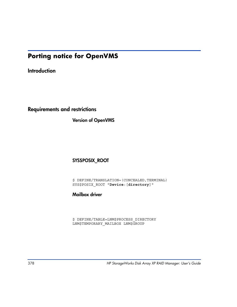 Porting notice for openvms, Introduction, Requirements and restrictions | Porting notice for openvms 378, Introduction 378 requirements and restrictions 378 | HP XP Continuous Access Software User Manual | Page 378 / 412