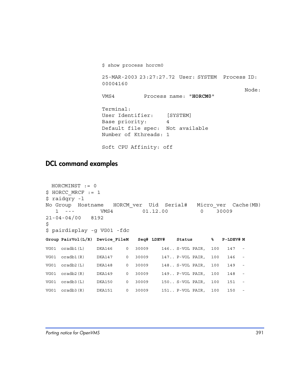 Dcl command examples, Dcl command examples 391 | HP XP Continuous Access Software User Manual | Page 391 / 412