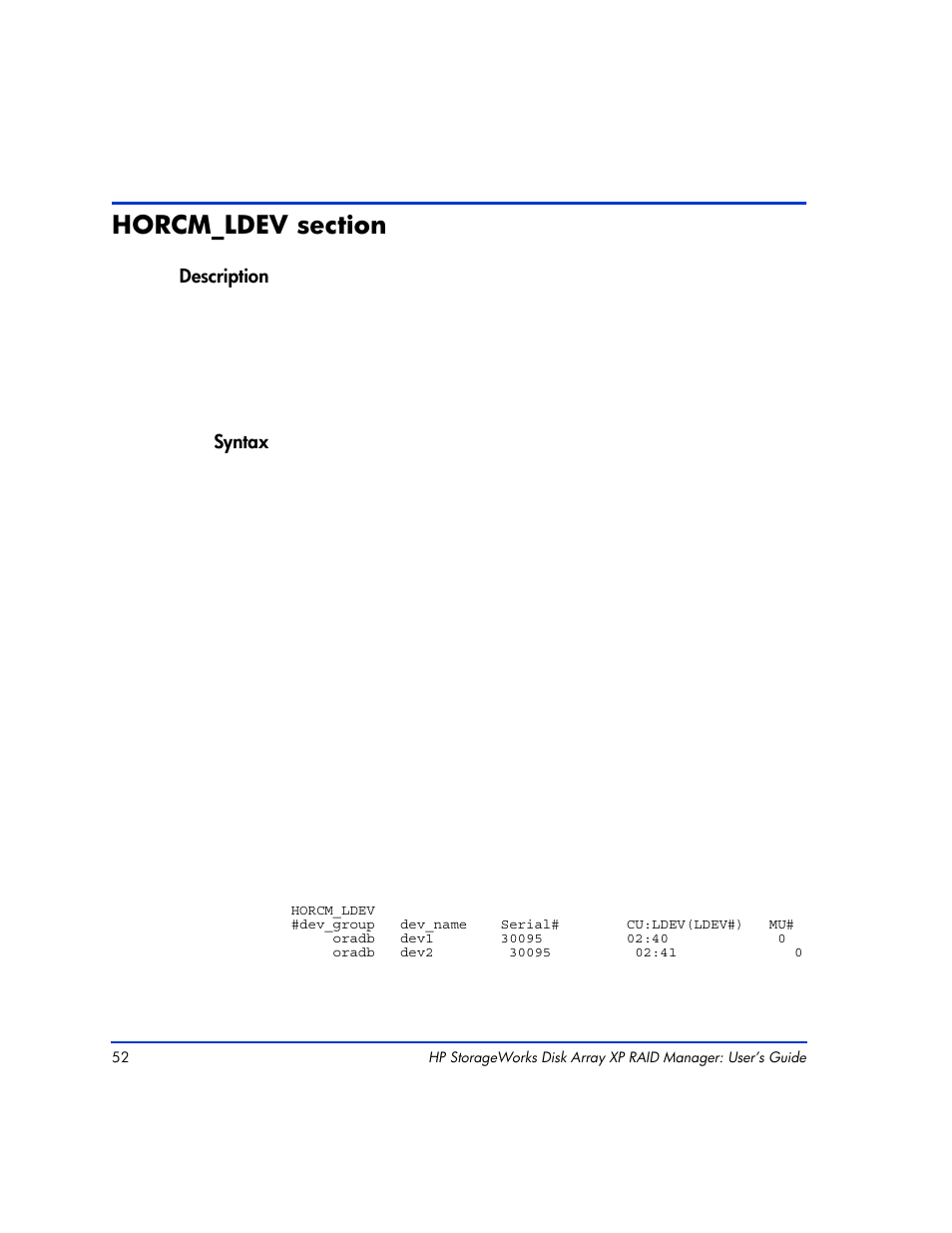 Horcm_ldev section, Horcm_ldev section 52 | HP XP Continuous Access Software User Manual | Page 52 / 412