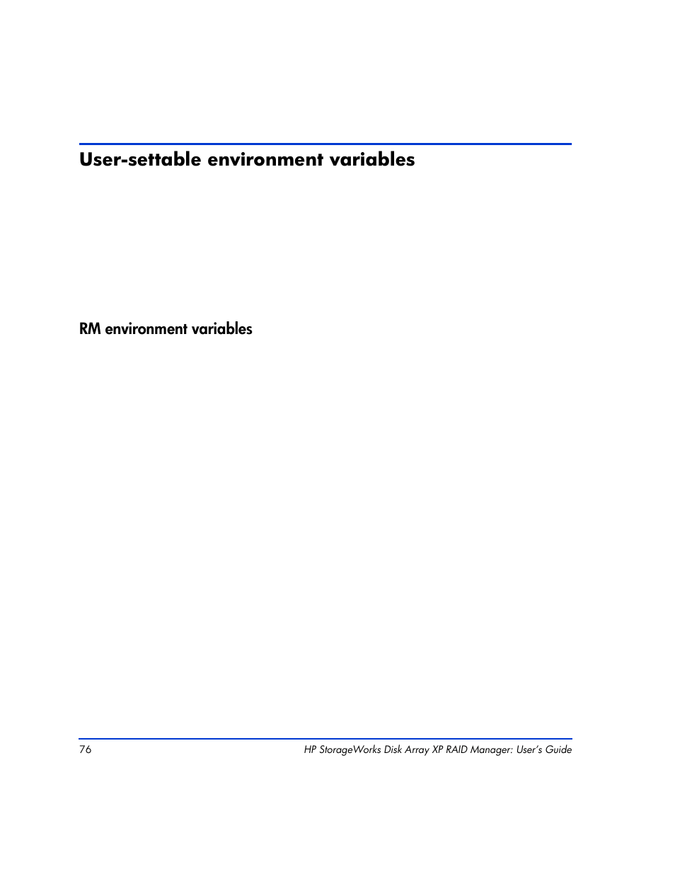 User-settable environment variables, Rm environment variables, User-settable environment variables 77 | Rm environment variables 77 | HP XP Continuous Access Software User Manual | Page 76 / 412