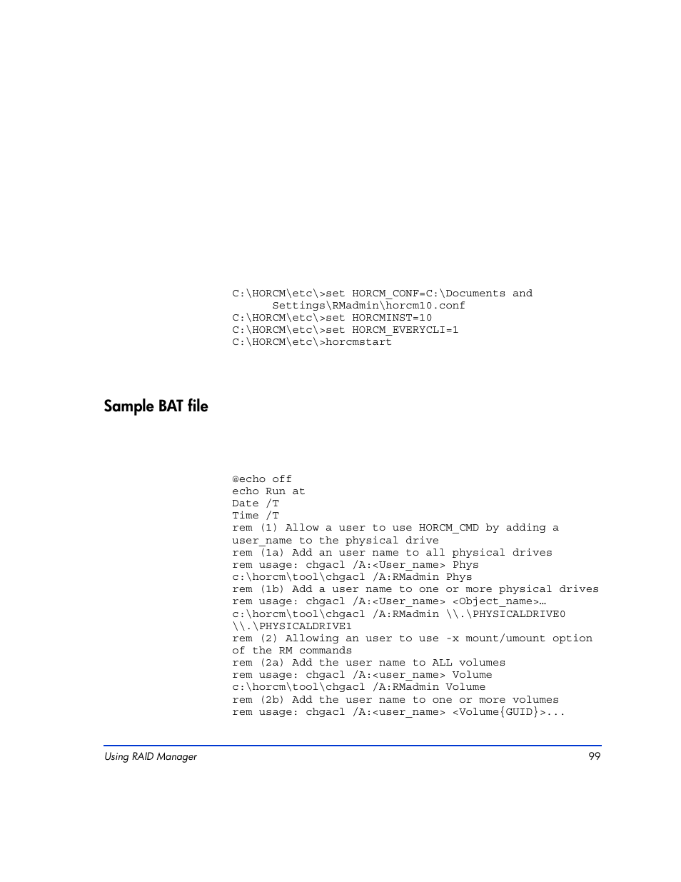 Sample bat file, Sample bat file 100 | HP XP Continuous Access Software User Manual | Page 99 / 412