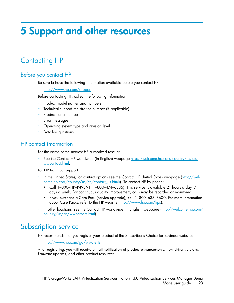 5 support and other resources, Contacting hp, Before you contact hp | Hp contact information, Subscription service, 23 hp contact information | HP SAN Virtualization Services Platform User Manual | Page 23 / 80