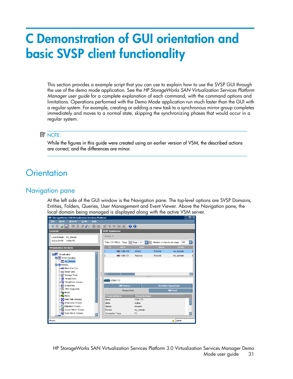 Orientation, Navigation pane | HP SAN Virtualization Services Platform User Manual | Page 31 / 80
