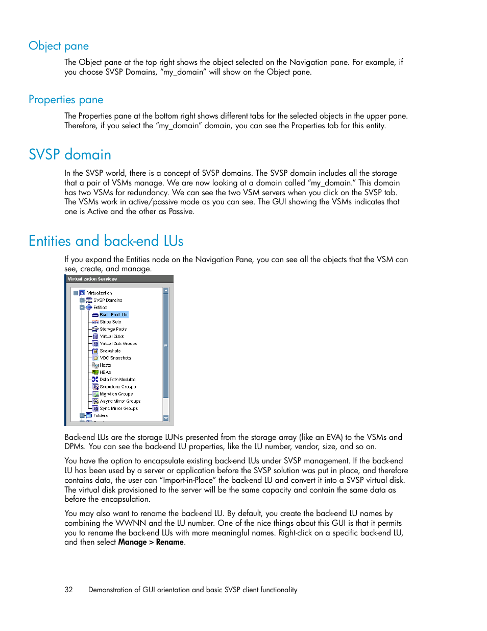 Object pane, Properties pane, Svsp domain | Entities and back-end lus, 32 properties pane, 32 entities and back-end lus | HP SAN Virtualization Services Platform User Manual | Page 32 / 80