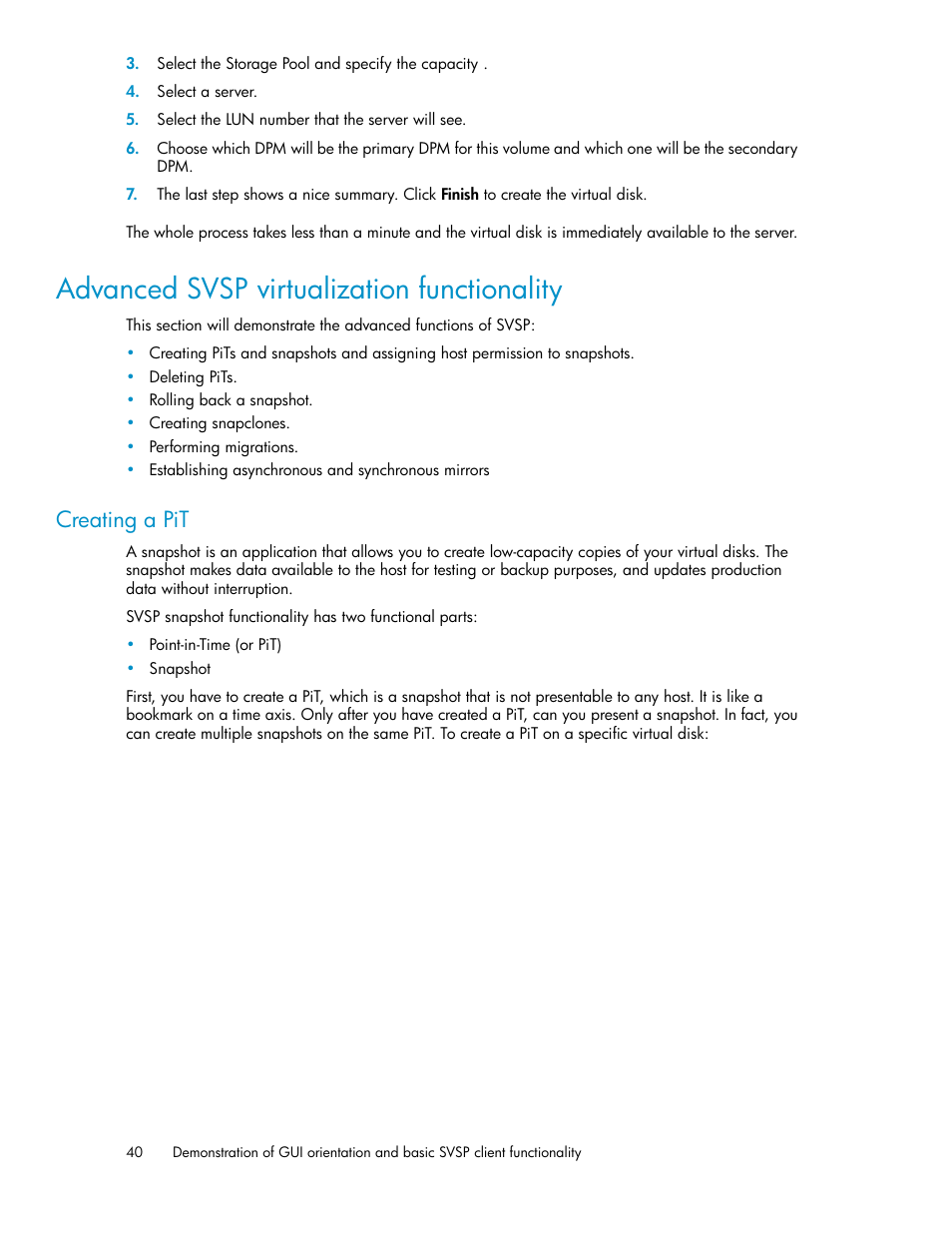 Advanced svsp virtualization functionality, Creating a pit | HP SAN Virtualization Services Platform User Manual | Page 40 / 80