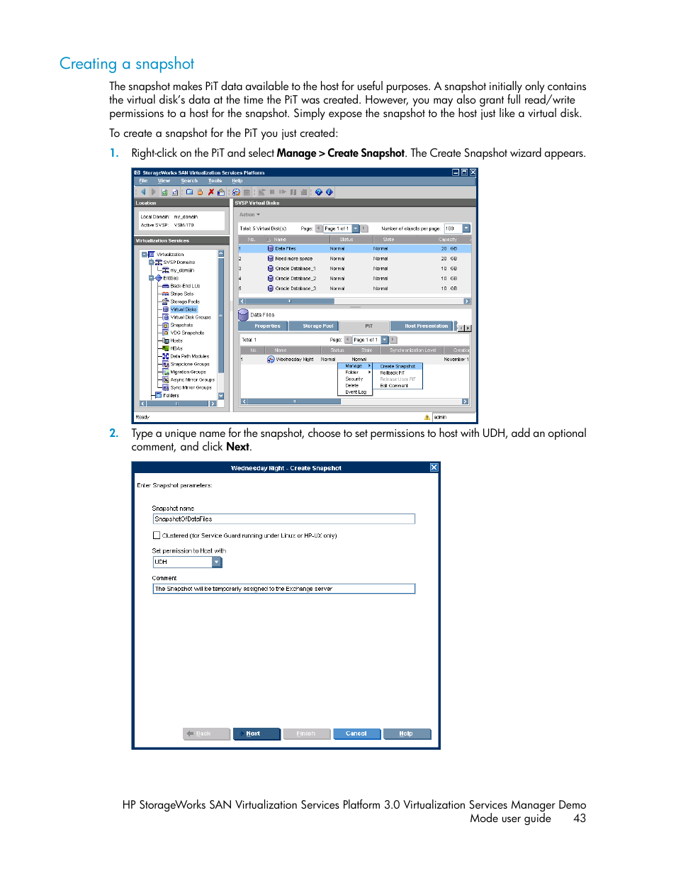 Creating a snapshot | HP SAN Virtualization Services Platform User Manual | Page 43 / 80