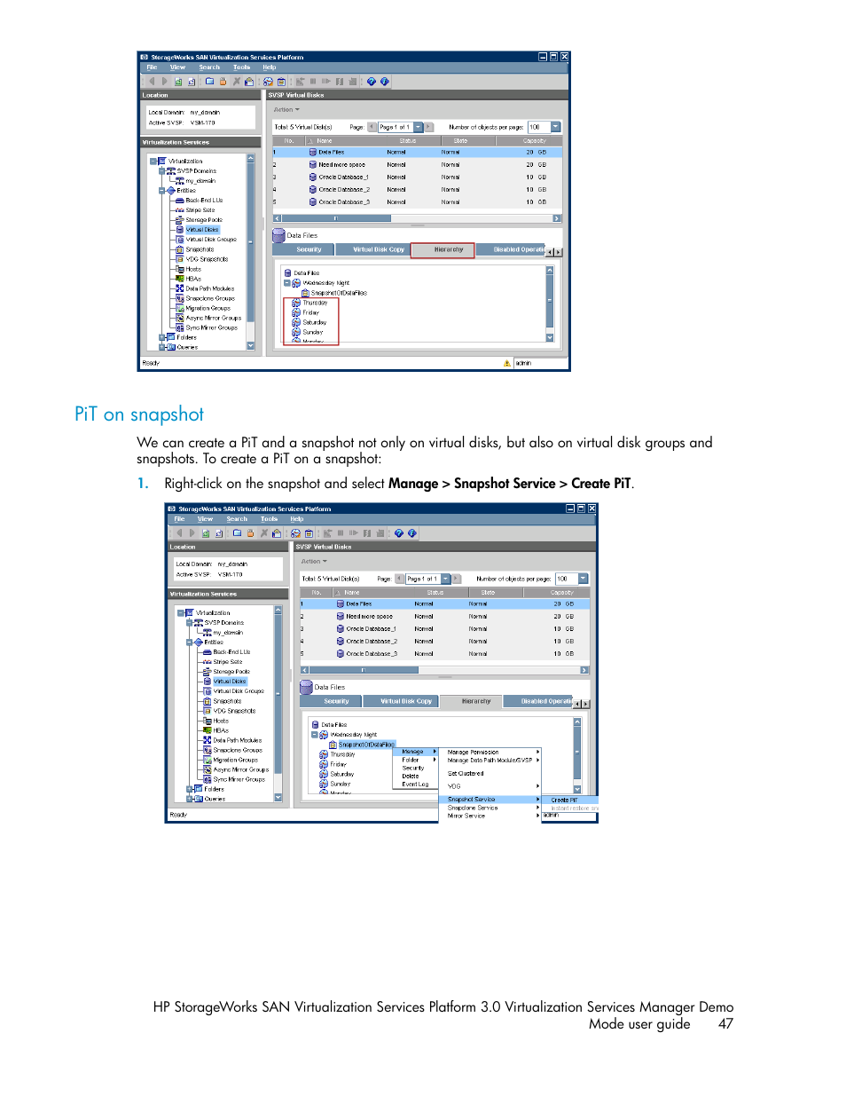 Pit on snapshot | HP SAN Virtualization Services Platform User Manual | Page 47 / 80