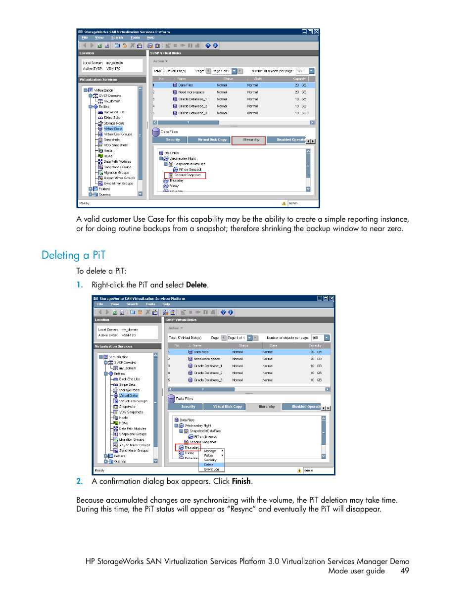 Deleting a pit | HP SAN Virtualization Services Platform User Manual | Page 49 / 80