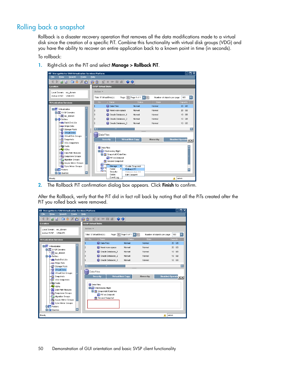 Rolling back a snapshot | HP SAN Virtualization Services Platform User Manual | Page 50 / 80