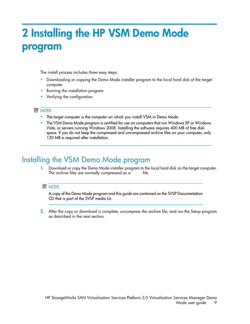 2 installing the hp vsm demo mode program, Installing the vsm demo mode program | HP SAN Virtualization Services Platform User Manual | Page 9 / 80