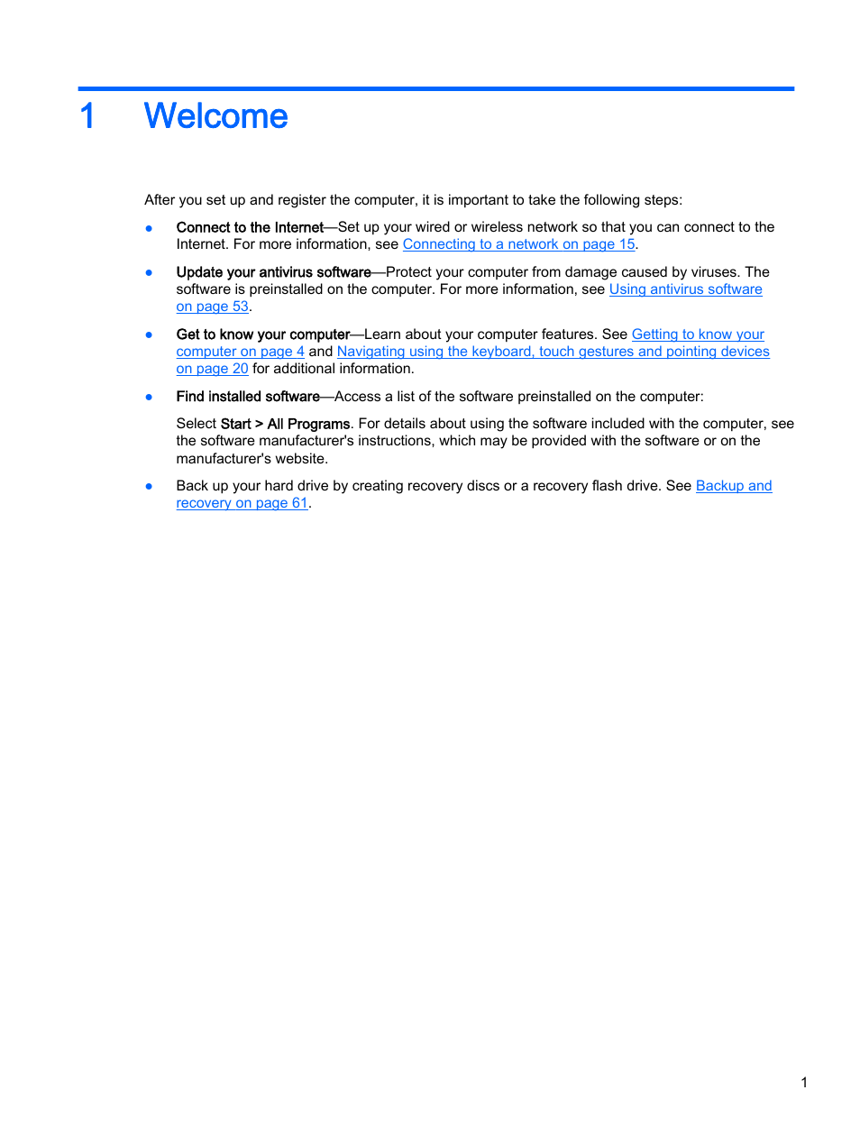Welcome, 1 welcome, 1welcome | HP 350 G1 Notebook PC User Manual | Page 11 / 90