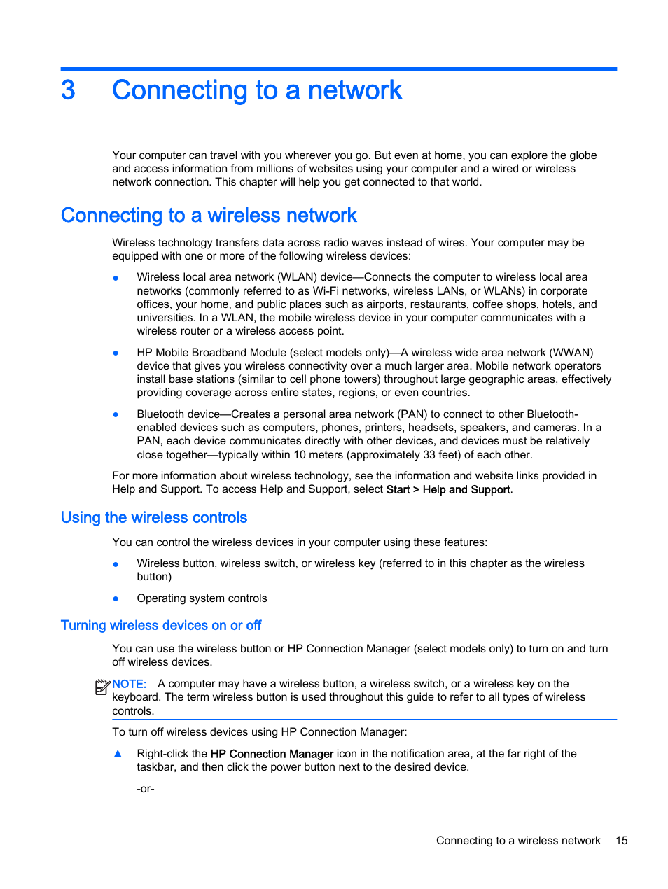 Connecting to a network, Connecting to a wireless network, Using the wireless controls | Turning wireless devices on or off, 3 connecting to a network, 3connecting to a network | HP 350 G1 Notebook PC User Manual | Page 25 / 90