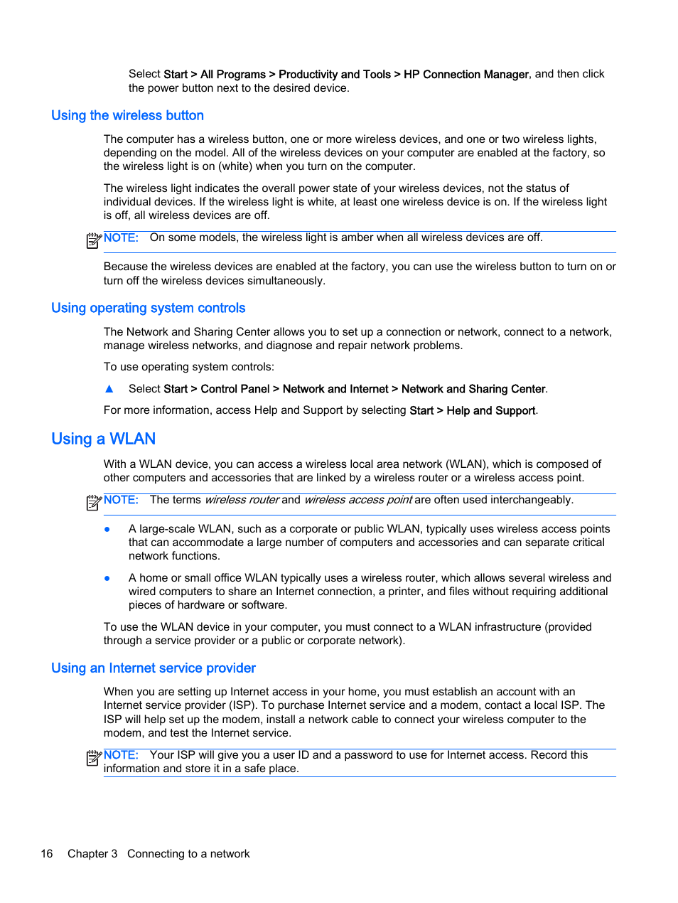 Using the wireless button, Using operating system controls, Using a wlan | Using an internet service provider | HP 350 G1 Notebook PC User Manual | Page 26 / 90