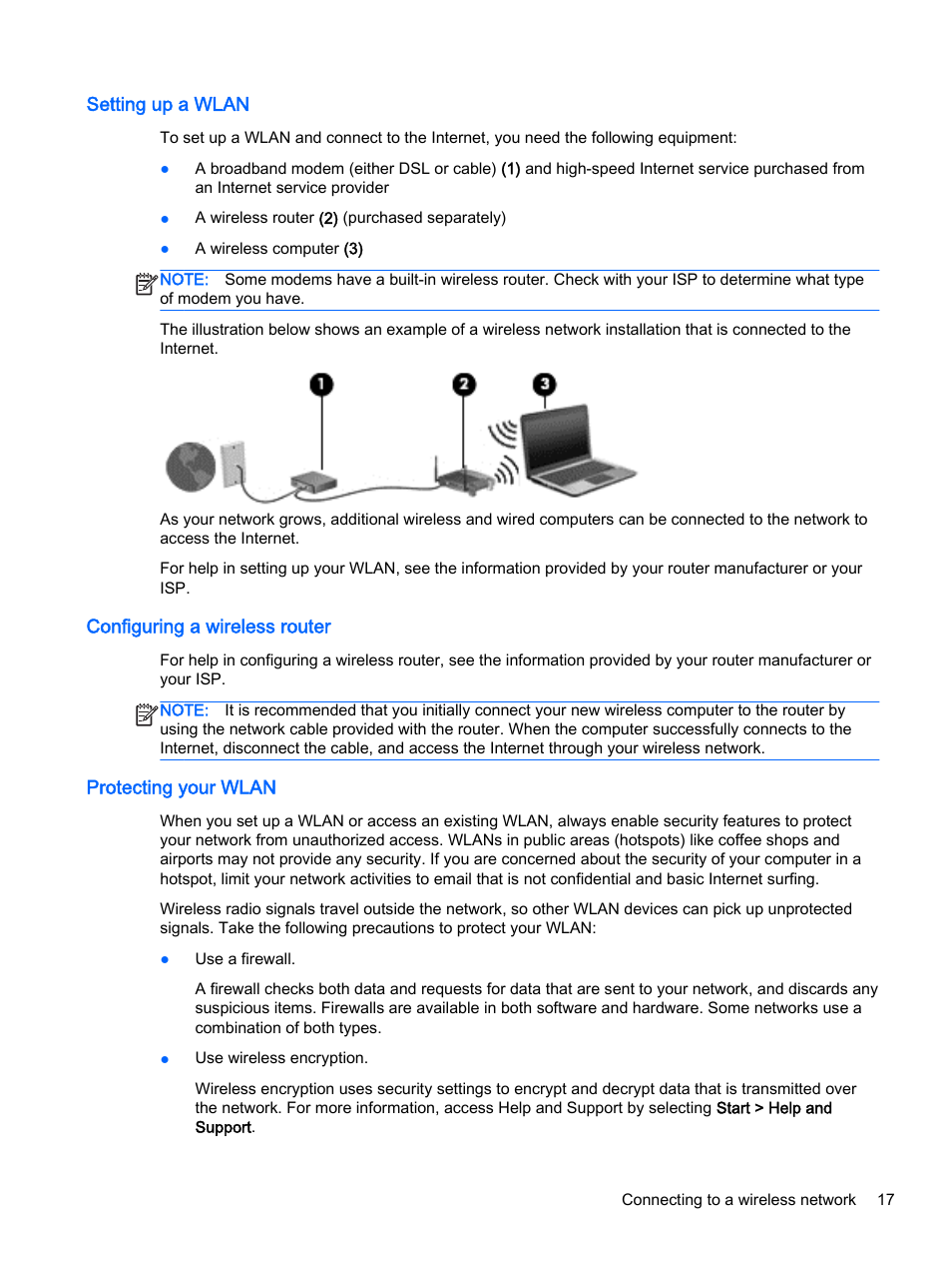 Setting up a wlan, Configuring a wireless router, Protecting your wlan | HP 350 G1 Notebook PC User Manual | Page 27 / 90