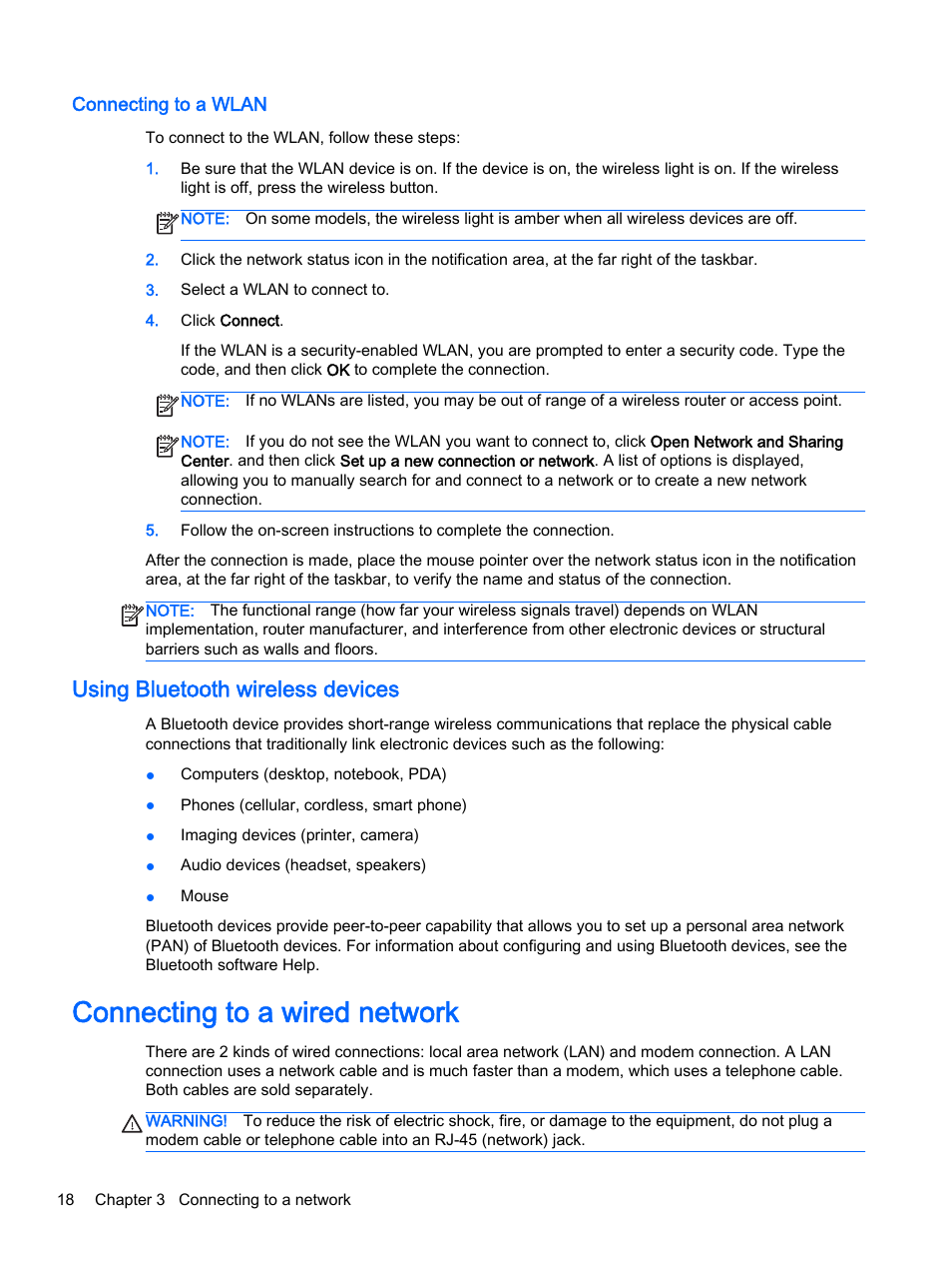 Connecting to a wlan, Using bluetooth wireless devices, Connecting to a wired network | HP 350 G1 Notebook PC User Manual | Page 28 / 90