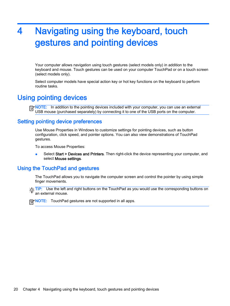 Using pointing devices, Setting pointing device preferences, Using the touchpad and gestures | For additiona | HP 350 G1 Notebook PC User Manual | Page 30 / 90