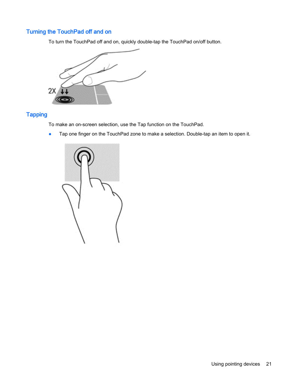 Turning the touchpad off and on, Tapping | HP 350 G1 Notebook PC User Manual | Page 31 / 90