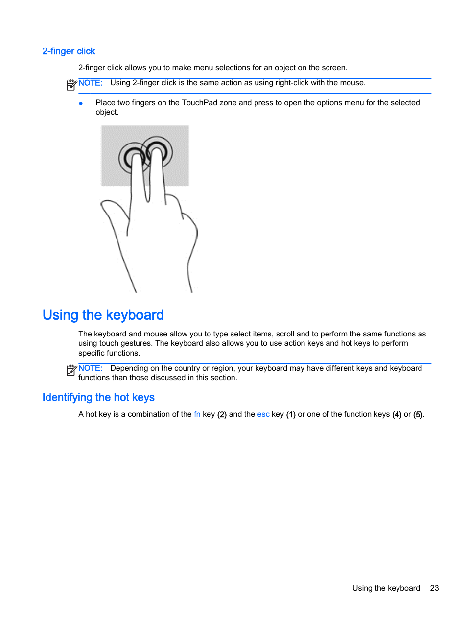 Finger click, Using the keyboard, Identifying the hot keys | HP 350 G1 Notebook PC User Manual | Page 33 / 90