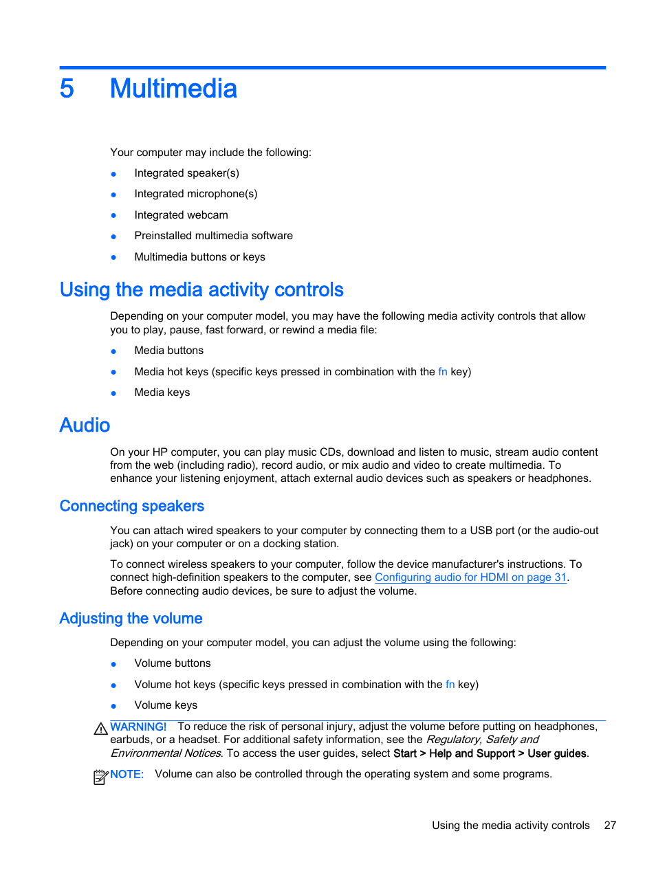 Multimedia, Using the media activity controls, Audio | Connecting speakers, Adjusting the volume, 5 multimedia, Using the media activity controls audio, Connecting speakers adjusting the volume, 5multimedia | HP 350 G1 Notebook PC User Manual | Page 37 / 90