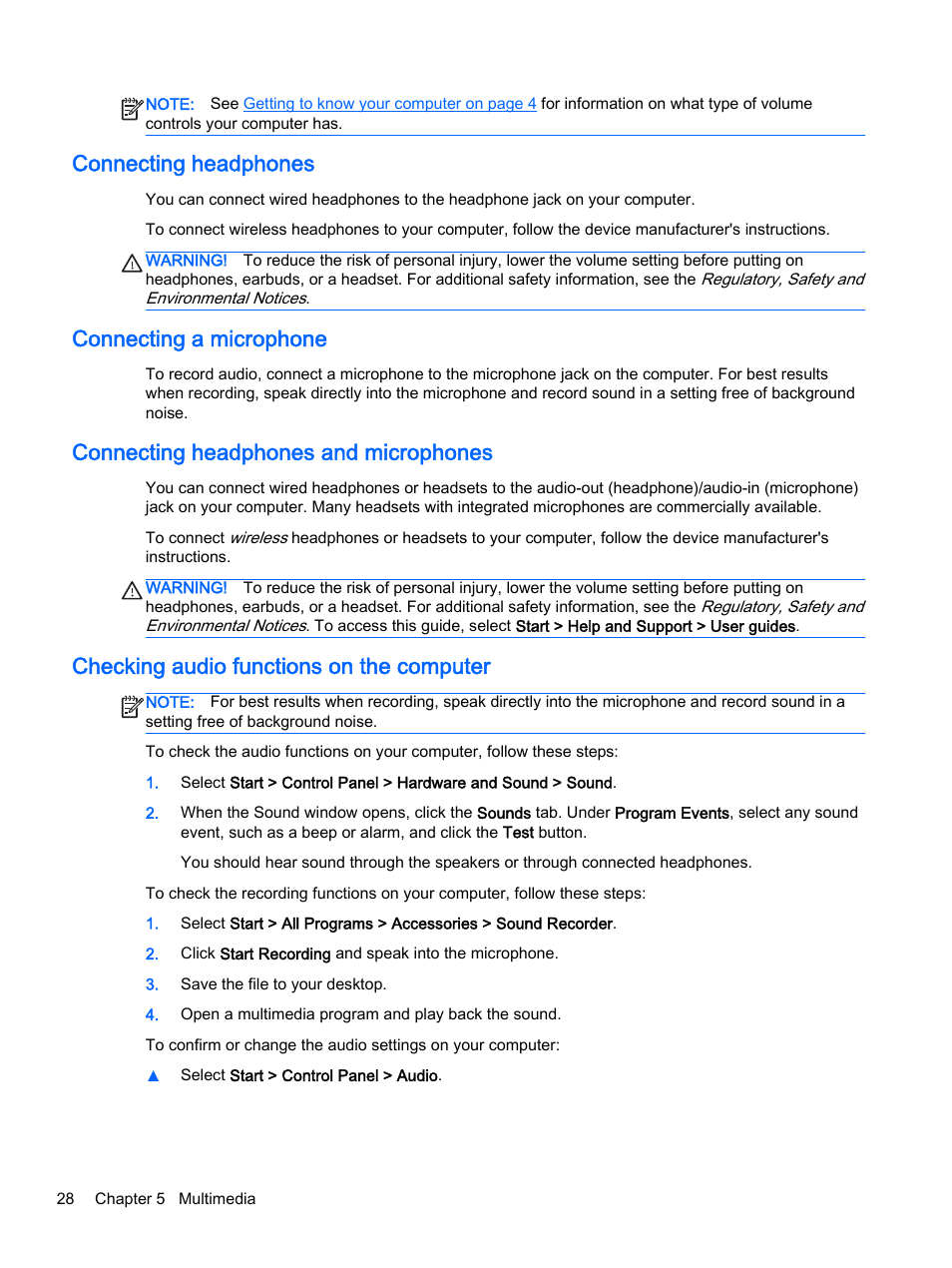 Connecting headphones, Connecting a microphone, Connecting headphones and microphones | Checking audio functions on the computer | HP 350 G1 Notebook PC User Manual | Page 38 / 90