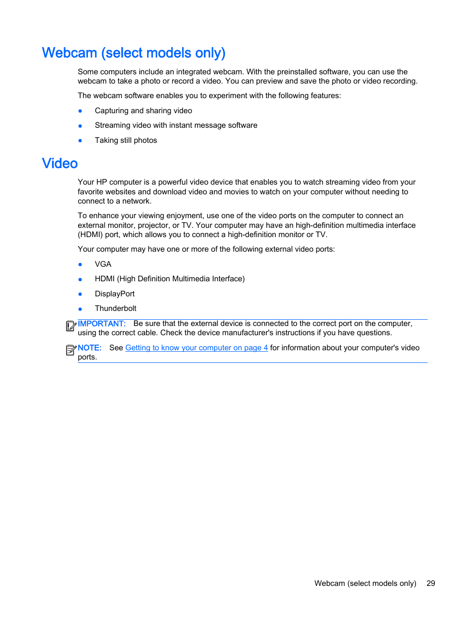 Webcam (select models only), Video, Webcam (select models only) video | HP 350 G1 Notebook PC User Manual | Page 39 / 90