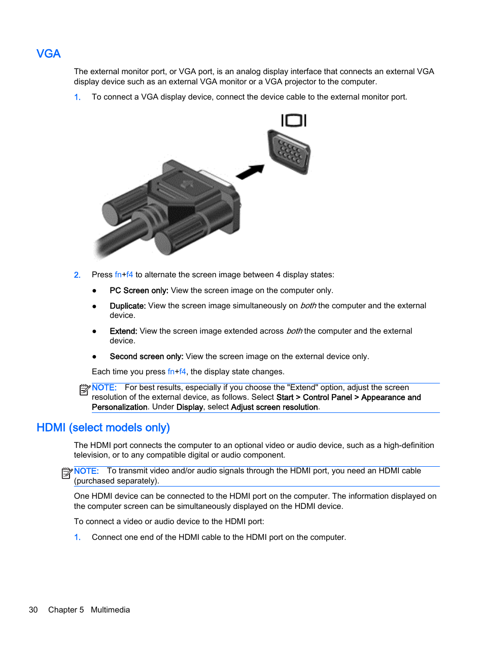 Hdmi (select models only), Vga hdmi (select models only) | HP 350 G1 Notebook PC User Manual | Page 40 / 90