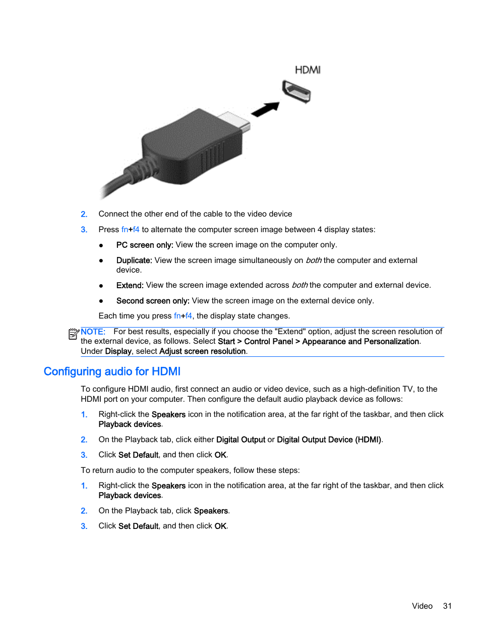 Configuring audio for hdmi | HP 350 G1 Notebook PC User Manual | Page 41 / 90