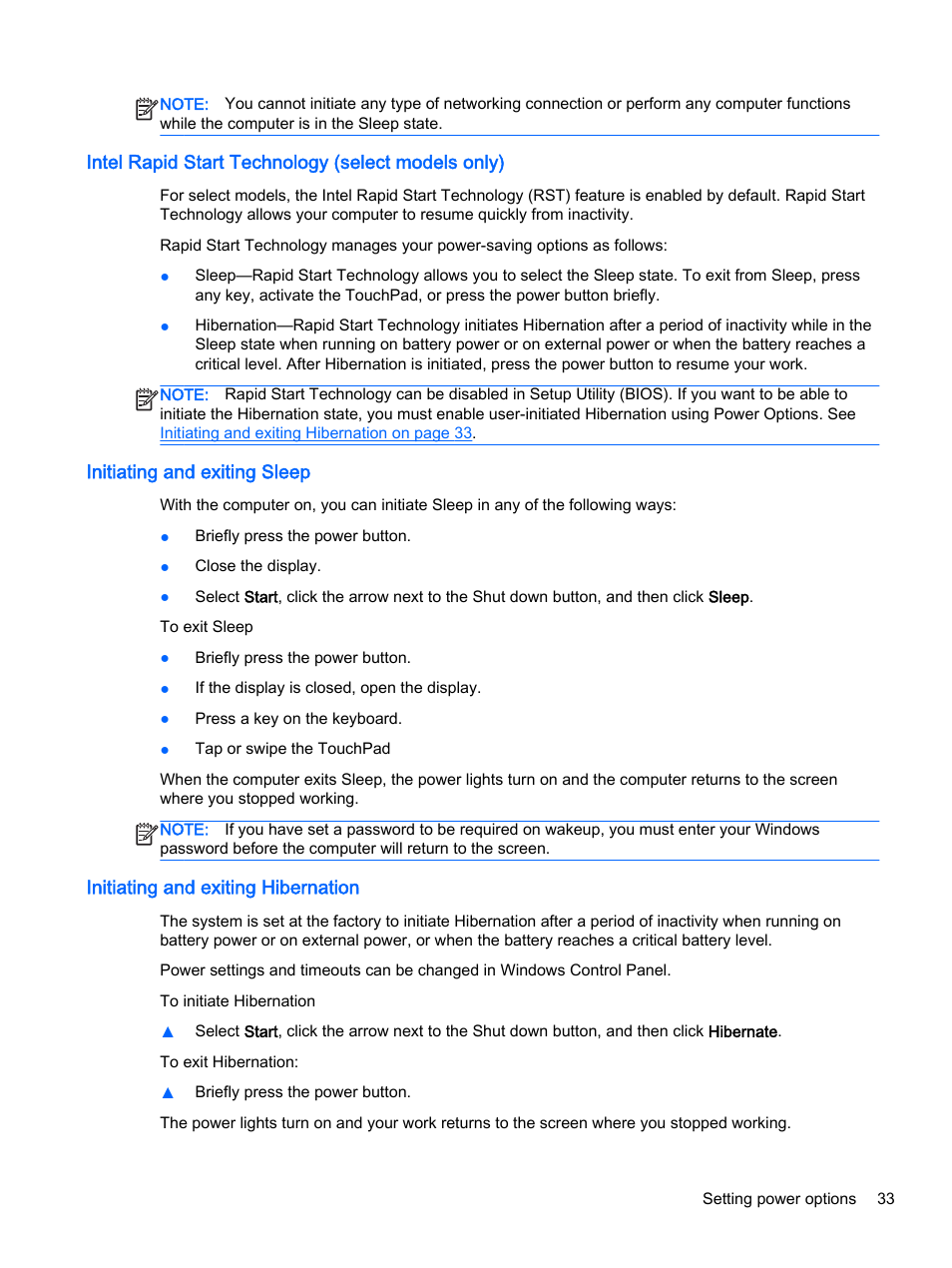 Intel rapid start technology (select models only), Initiating and exiting sleep, Initiating and exiting hibernation | HP 350 G1 Notebook PC User Manual | Page 43 / 90