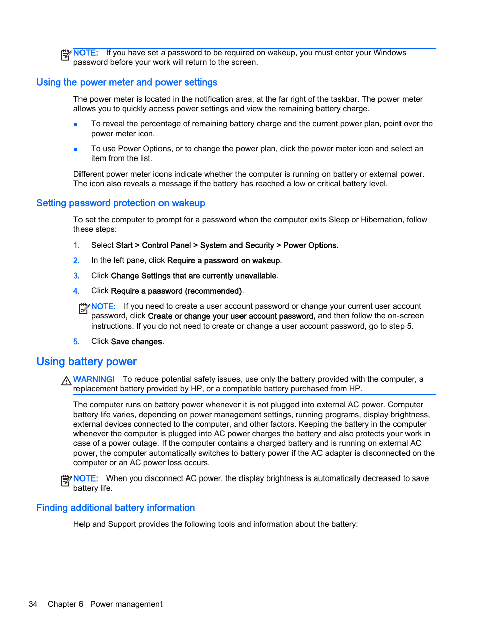 Using the power meter and power settings, Setting password protection on wakeup, Using battery power | Finding additional battery information | HP 350 G1 Notebook PC User Manual | Page 44 / 90