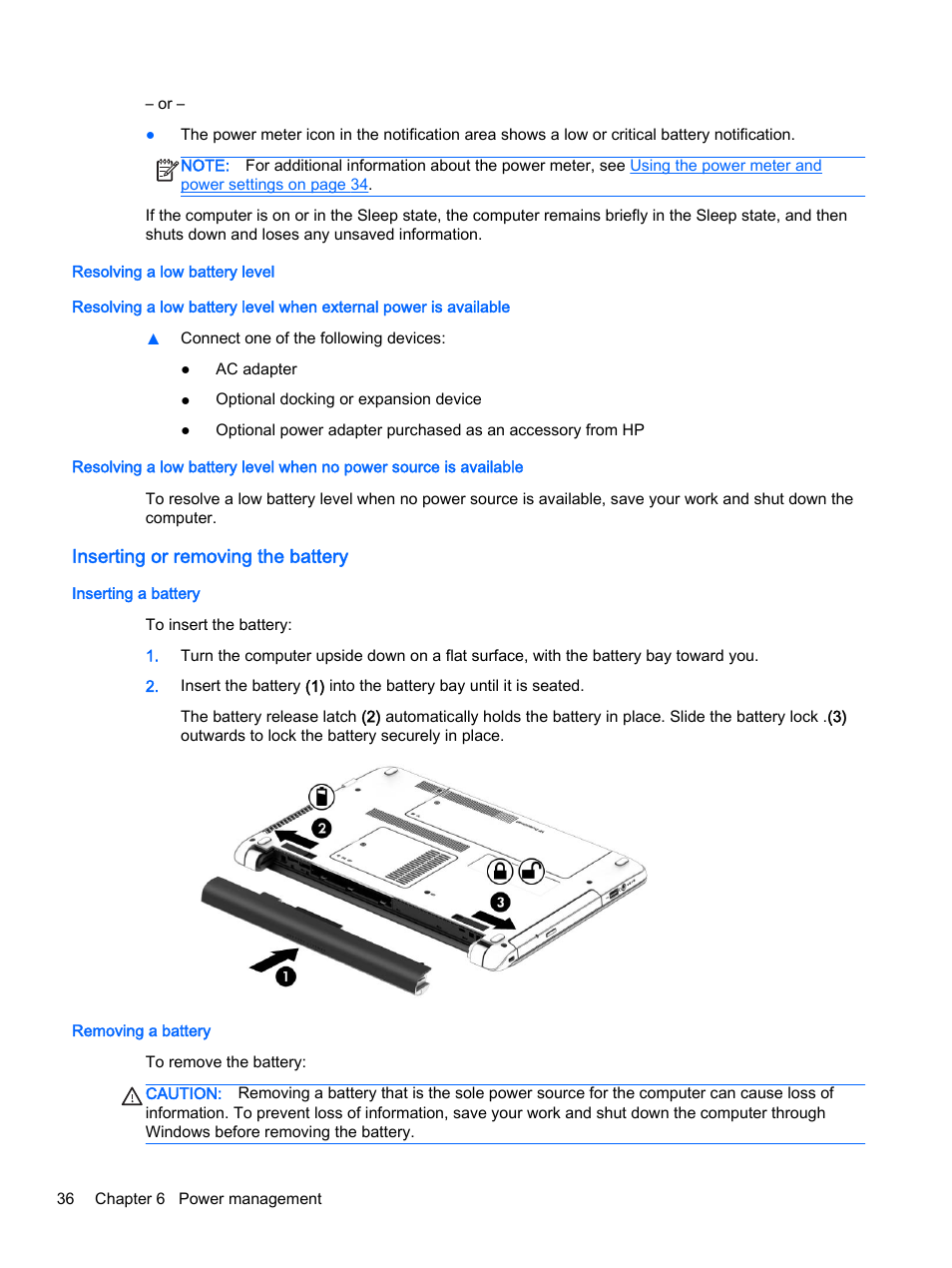 Resolving a low battery level, Inserting or removing the battery, Inserting a battery | Removing a battery, Inserting a battery removing a battery | HP 350 G1 Notebook PC User Manual | Page 46 / 90
