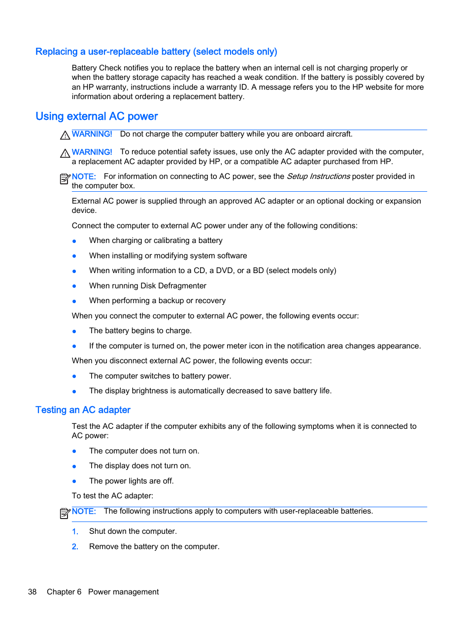 Using external ac power, Testing an ac adapter | HP 350 G1 Notebook PC User Manual | Page 48 / 90