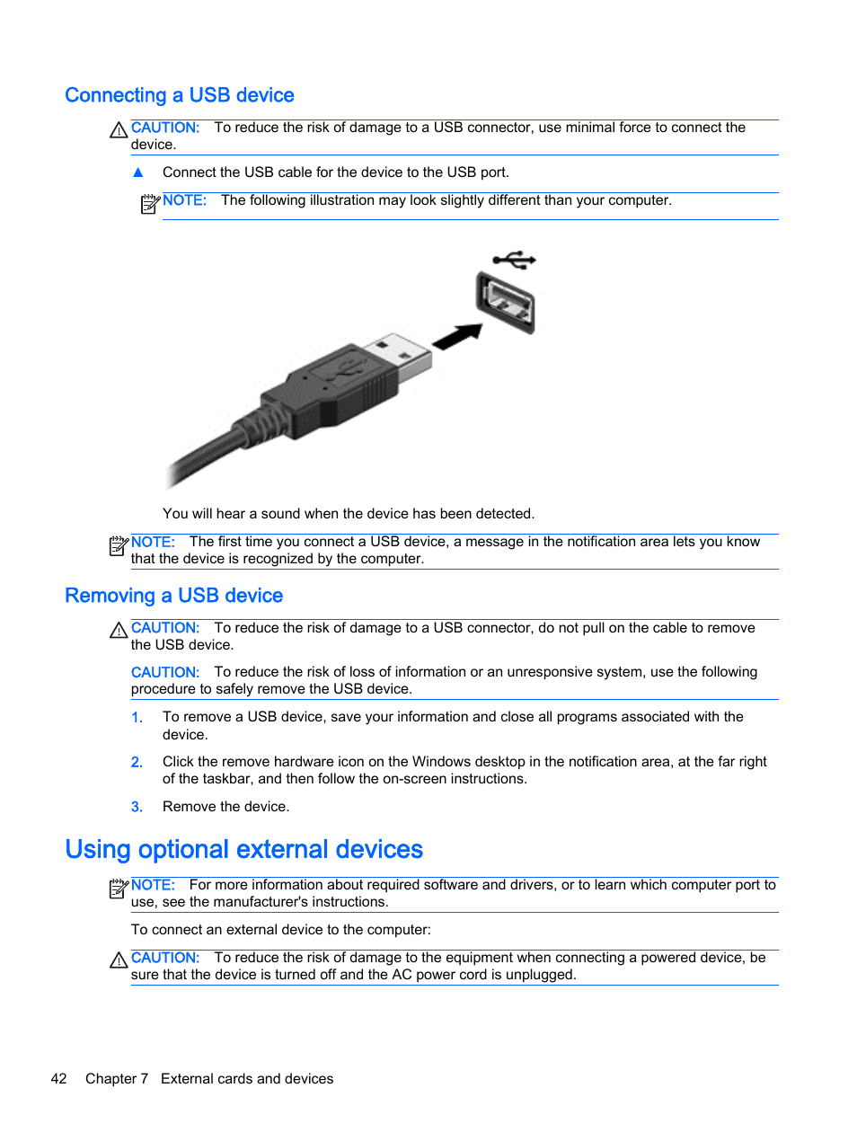 Connecting a usb device, Removing a usb device, Using optional external devices | Connecting a usb device removing a usb device | HP 350 G1 Notebook PC User Manual | Page 52 / 90