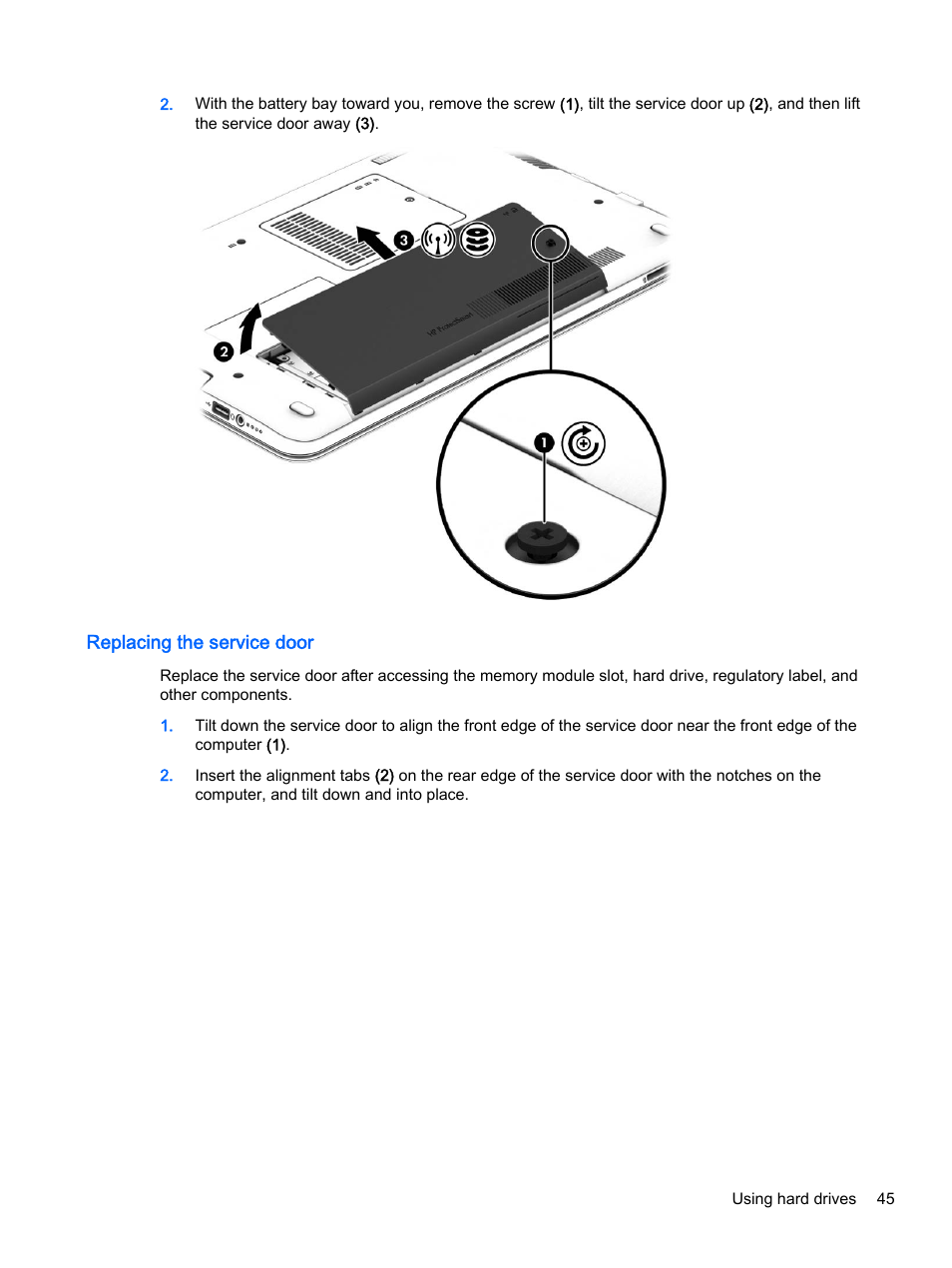 Replacing the service door | HP 350 G1 Notebook PC User Manual | Page 55 / 90